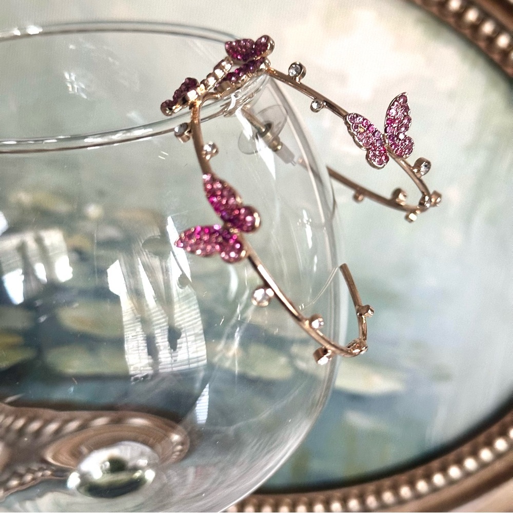 Pink Crystal Butterfly Hoop Earrings